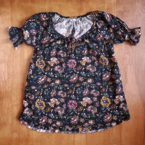 Natural Life Gauzy Cotton Mini Dress L/XL Dark Floral Boho Peasant Cottage
